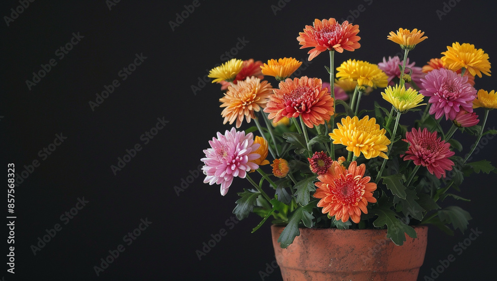 Pink and orange chrysanthemum flowers in a pot on a black background Pink and orange chrysanthemum flowers in a pot on a black background