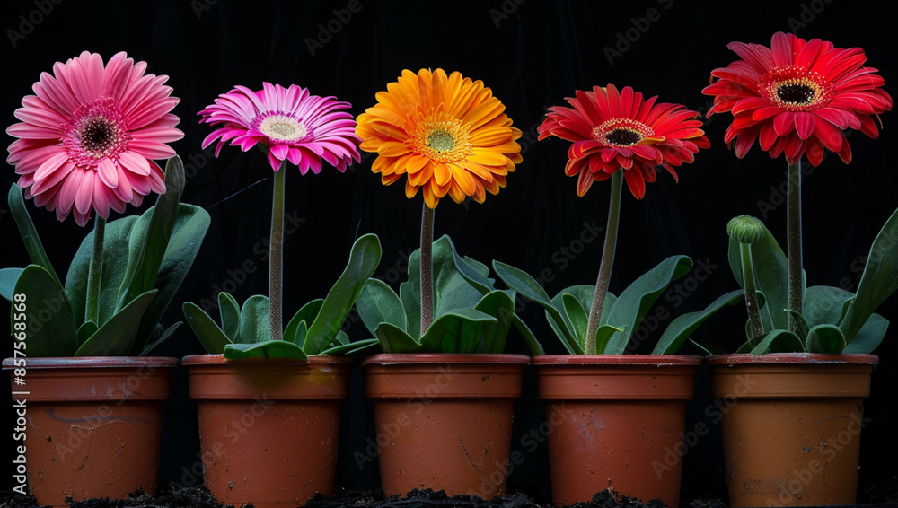 Red, yellow and pink daisy flowers in a pot on a black background Red, yellow and pink daisy flowers in a pot on a black background