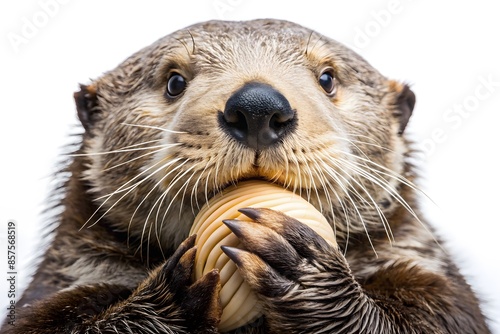 A Close-Up Portrait Of A Sea Otter Eating A Clam On A White Background © Adisorn