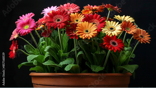 Red, yellow and pink daisy flowers in a pot on a black background