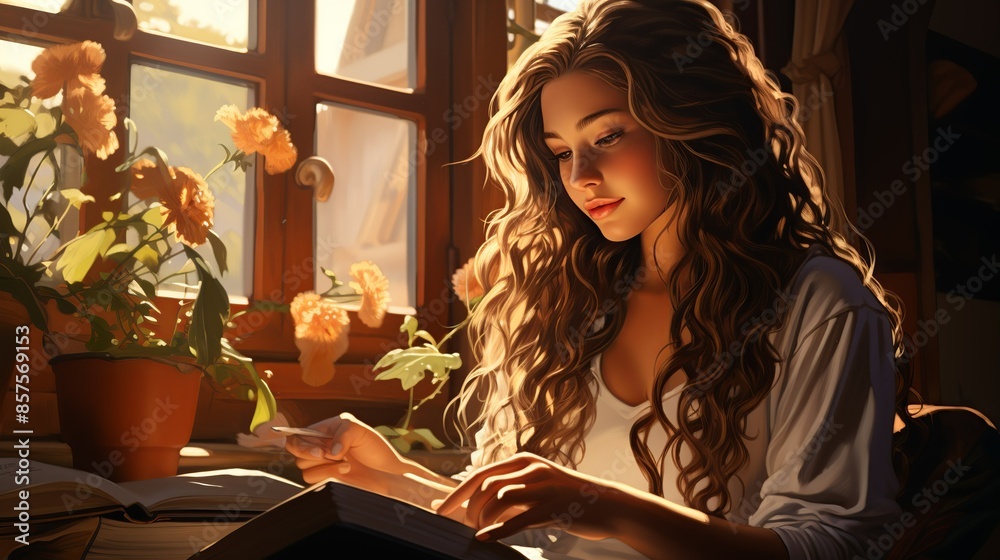 A teenage girl journaling her thoughts and feelings in a beautifully decorated notebook, sitting by a window with natural light pouring in. Illustration, Minimalism, A teenage girl journaling her thoughts and feelings in a beautifully decorated notebook, sitting by a window with natural light pouring in. Illustration, Minimalism,