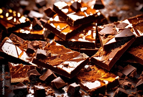 cracked chocolate bars shattered into sweet confectionery dessert ingredients, cocoa, candy, snack, treat, gourmet, delicious, tasty, baking, recipe photo