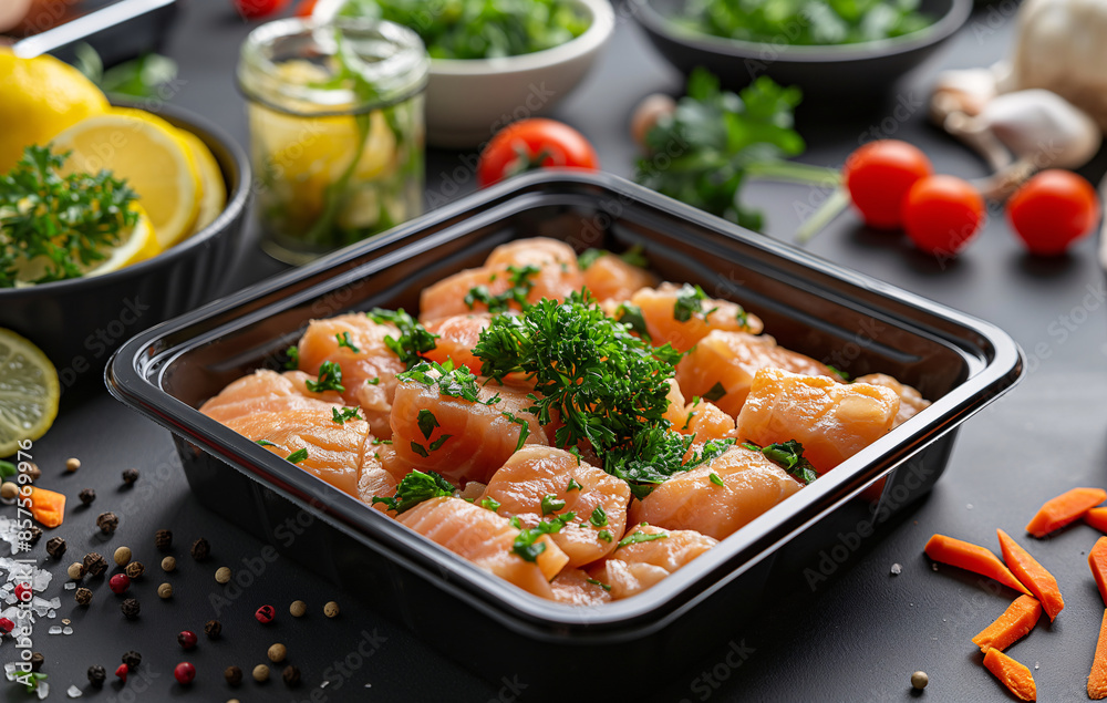 Fresh Salmon Cubes Marinated with Herbs and Spices, Ready for Cooking in a Gourmet Kitchen Setting Fresh Salmon Cubes Marinated with Herbs and Spices, Ready for Cooking in a Gourmet Kitchen Setting