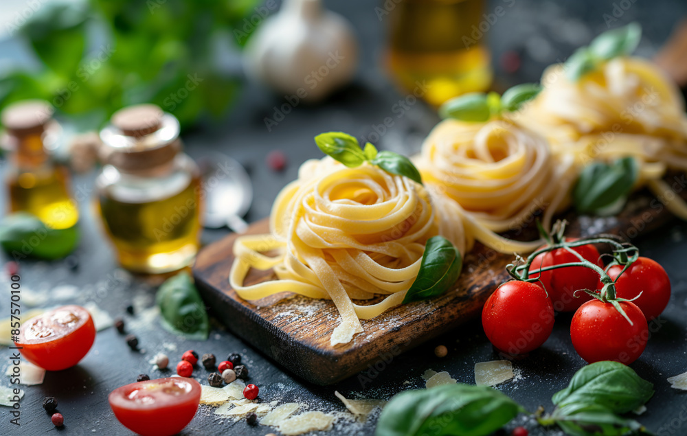Freshly Prepared Fettuccine Pasta Nests with Tomatoes, Basil, and Olive Oil, Showcasing Traditional Italian Cuisine Freshly Prepared Fettuccine Pasta Nests with Tomatoes, Basil, and Olive Oil, Showcasing Traditional Italian Cuisine