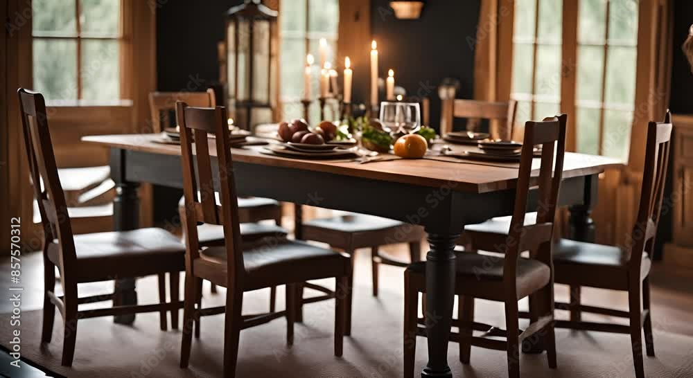 Dining area with table and various wooden furniture Dining area with table and various wooden furniture