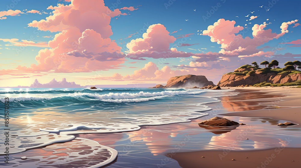 Φωτογραφία A detailed depiction of a serene beach at sunrise, with soft pastel hues in the sky, gentle waves lapping the shore, and delicate paper textures used to craft the sand and water