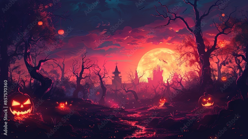 A twilight scene featuring a haunted mansion with glowing jack-o'-lanterns and dead trees, all united under a giant full moon and scattered bats in the sky. A twilight scene featuring a haunted mansion with glowing jack-o'-lanterns and dead trees, all united under a giant full moon and scattered bats in the sky.