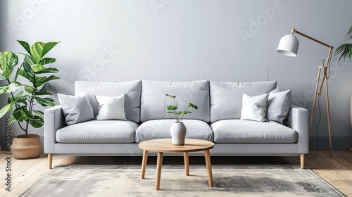 Contemporary Living Room - Grey sofa with white and light blue throw pillows  a light wood coffee table  and a minimalist floor lamp