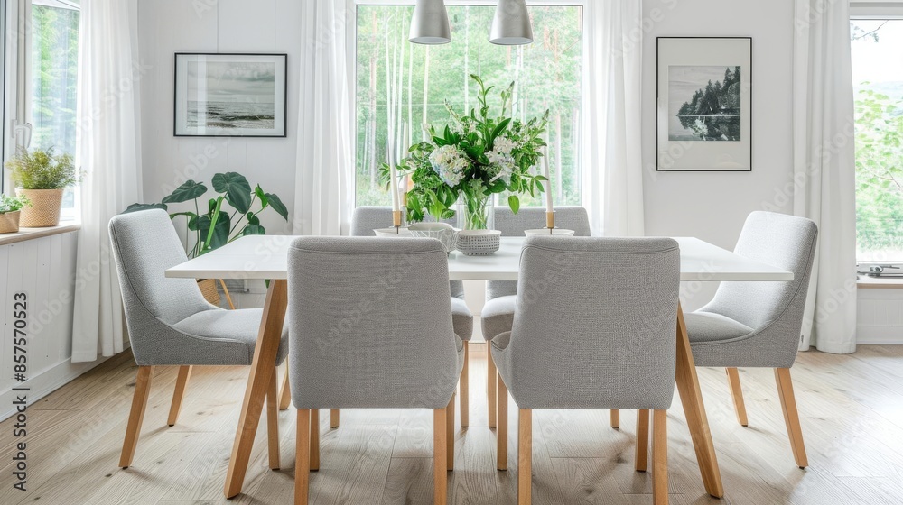 Elegant Dining Room Setup - White dining table with light wood legs, grey upholstered chairs, and a simple centerpiece of fresh flowers Elegant Dining Room Setup - White dining table with light wood legs, grey upholstered chairs, and a simple centerpiece of fresh flowers
