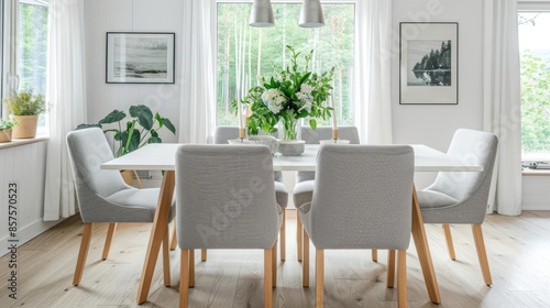 Elegant Dining Room Setup - White dining table with light wood legs  grey upholstered chairs  and a simple centerpiece of fresh flowers