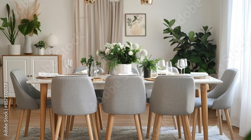 Elegant Dining Setup - White dining table with light wood legs  grey upholstered chairs  and a simple centerpiece of fresh flowers