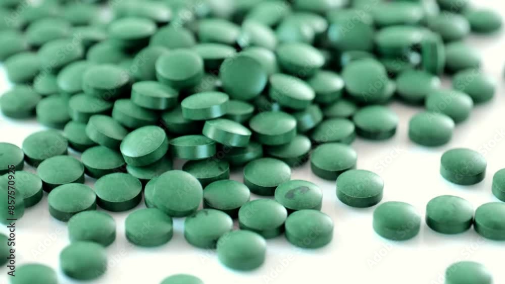 algae green tablets. Slow rotation.Spirulina for health and longevity. 4k footage algae green tablets. Slow rotation.Spirulina for health and longevity. 4k footage