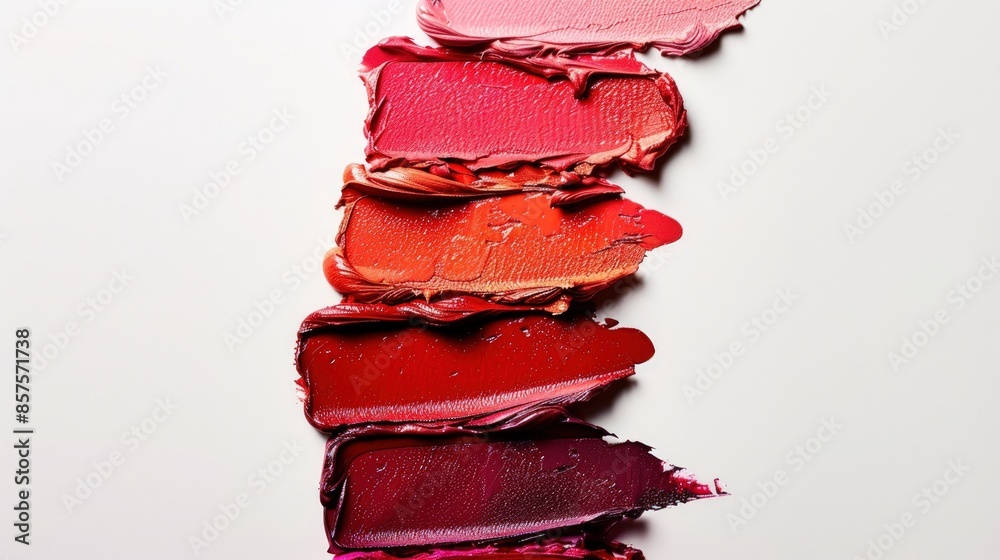 A row of colorful lipsticks are smeared on a white background A row of colorful lipsticks are smeared on a white background