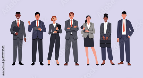 Corporate Team of Businesswoman and Businessman with Various Races and Ages in Office Outfits Standing Together, Representing Leadership and Teamwork, Vector Flat Illustration Design