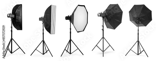 Professional lighting equipment isolated on white, set