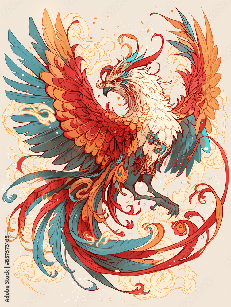 Fototapeta premium Colorful auspicious phoenix totem illustration 
