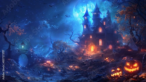 The image shows a large, mystical manor brightly shone by a full blue moon, surrounded by carved pumpkins and eerie trees, creating a mysterious Halloween night atmosphere.