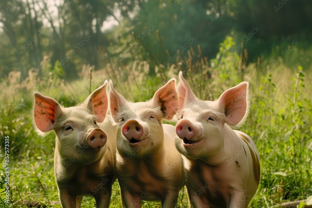 Three cute piglets standing together in a grassy field, enjoying a sunny day. Perfect for animal, farm, and nature-themed projects. Three cute piglets standing together in a grassy field, enjoying a sunny day. Perfect for animal, farm, and nature-themed projects.