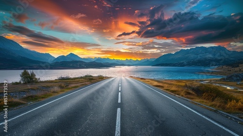 A road with a beautiful sunset in the background. Generate AI image © Ashalina