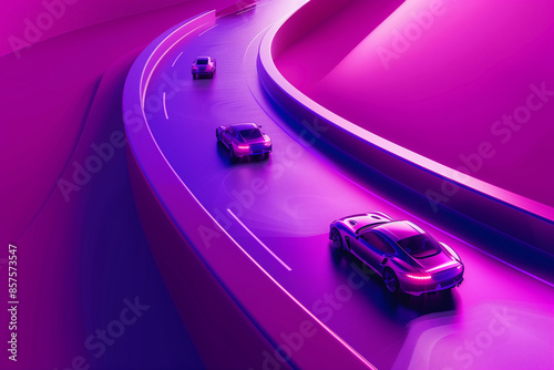 Neon Purple Futuristic Cars on Curved Highway at Night
