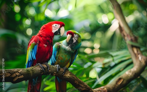 Two colorful parrots resting on a branch, surrounded by a rainforest
