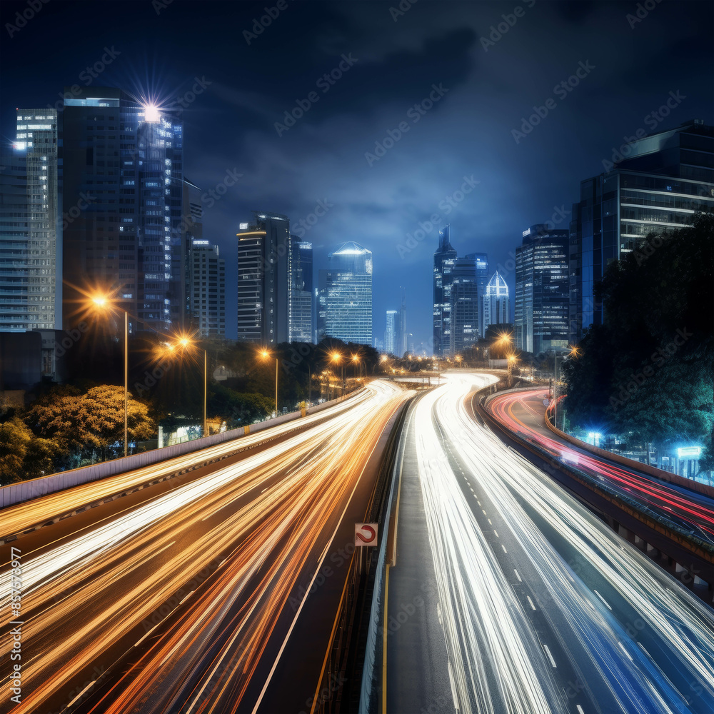Highway Lights Streaming Through a Modern City Skyline at Night Highway Lights Streaming Through a Modern City Skyline at Night