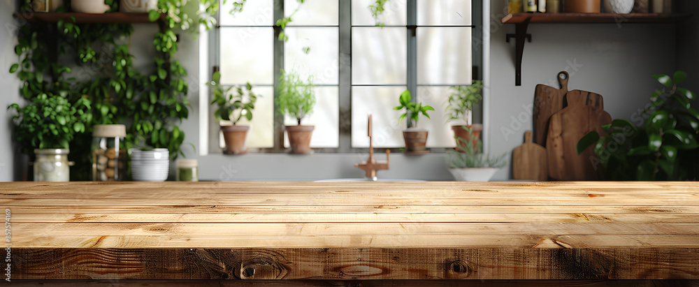 Empty wooden kitchen table surface mockup, greenery and accessories background Empty wooden kitchen table surface mockup, greenery and accessories background