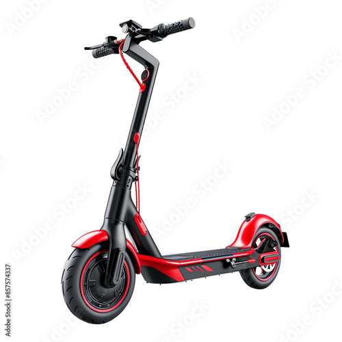 Modern electric scooter with a sleek red and black design, perfect for urban transportation and eco-friendly commuting. photo