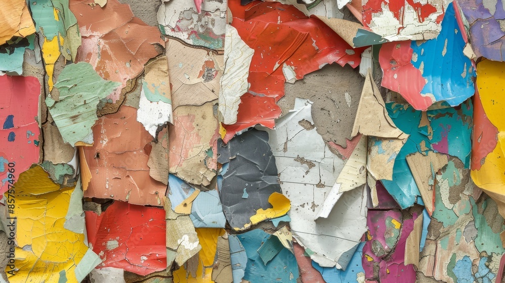 Fototapeta premium Weathered wall adorned with vibrant, torn paper fragments, forming an intriguing collage.