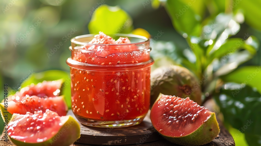 Realistic image of guava jam in clear container with decorations Realistic image of guava jam in clear container with decorations