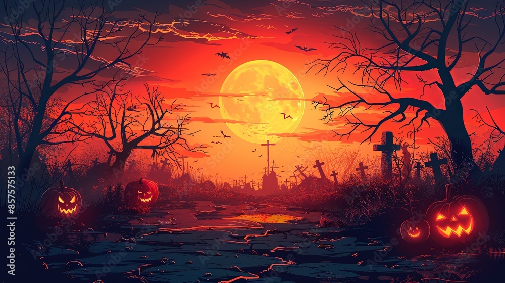 A spooky graveyard scene under an orange full moon, featuring glowing Halloween pumpkins, barren trees, and gravestones, evoking a chilling and mysterious atmosphere. A spooky graveyard scene under an orange full moon, featuring glowing Halloween pumpkins, barren trees, and gravestones, evoking a chilling and mysterious atmosphere.
