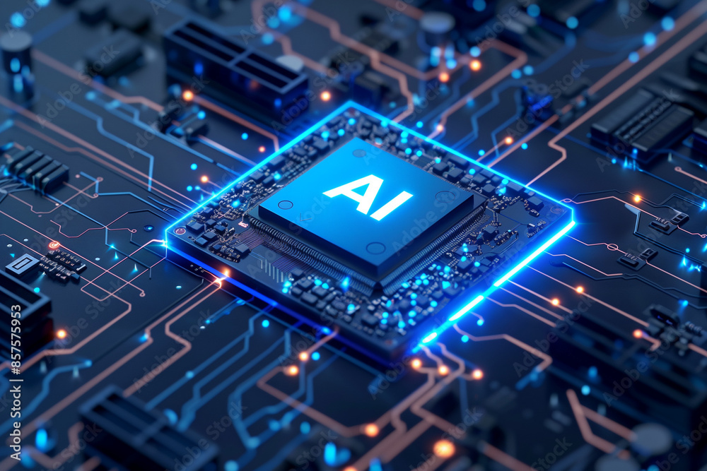 Artificial Intelligence Computer Chip Semiconductor, Blue AI Machine Learning Hardware Concept Artificial Intelligence Computer Chip Semiconductor, Blue AI Machine Learning Hardware Concept