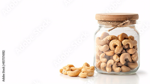 A glass jar filled with cashew nuts, with a few nuts scattered on the table in front. Isolated on white background.