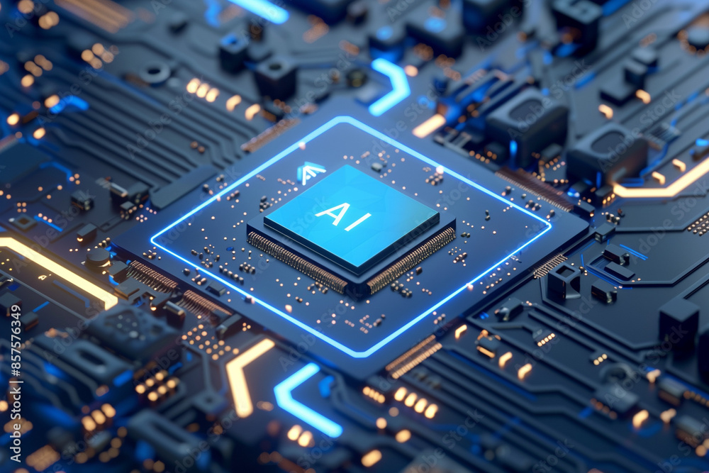 Artificial Intelligence Computer Chip Semiconductor, Blue AI Machine Learning Hardware Concept Artificial Intelligence Computer Chip Semiconductor, Blue AI Machine Learning Hardware Concept