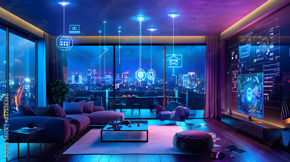 Smart home system network concept modern high-tech living room digital illustration, contemporary stylish interior interconnected devices holographic features elements control futuristic technology Smart home system network concept modern high-tech living room digital illustration, contemporary stylish interior interconnected devices holographic features elements control futuristic technology