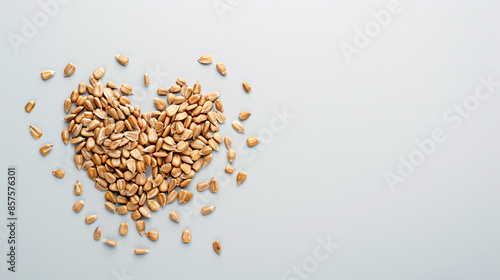 A heart shape made of sunflower seeds on a white background.