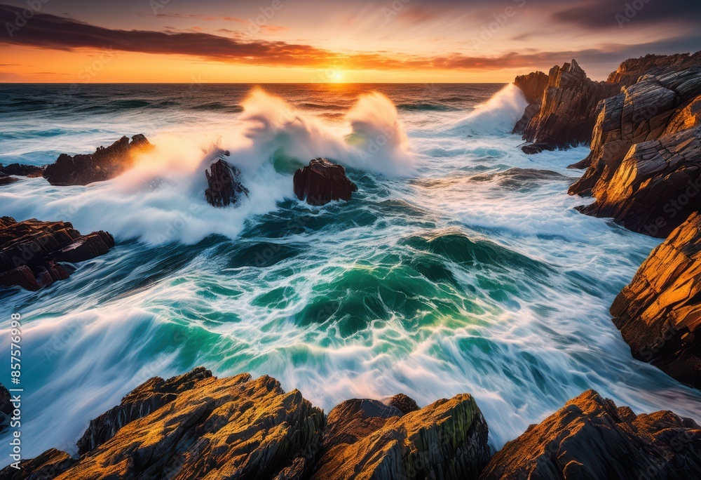 Obraz premium powerful ocean waves crashing dramatically natural coastal beauty scene, rocks, water, sea, coastline, nature, motion, splashing, forceful, majestic, scenic