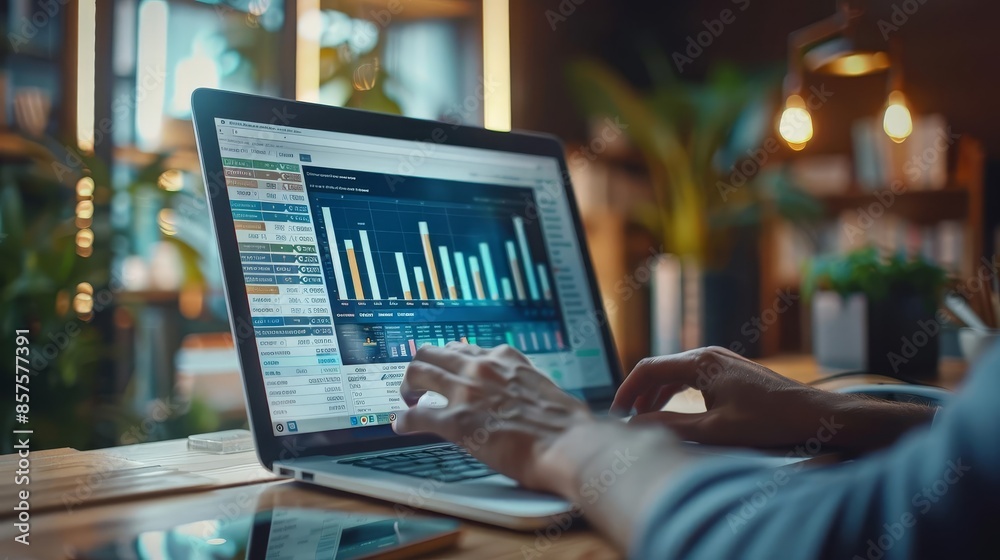 An entrepreneur conducting market research, reviewing data on a laptop, charts and graphs on the screen, focused and analytical expression, modern workspace An entrepreneur conducting market research, reviewing data on a laptop, charts and graphs on the screen, focused and analytical expression, modern workspace