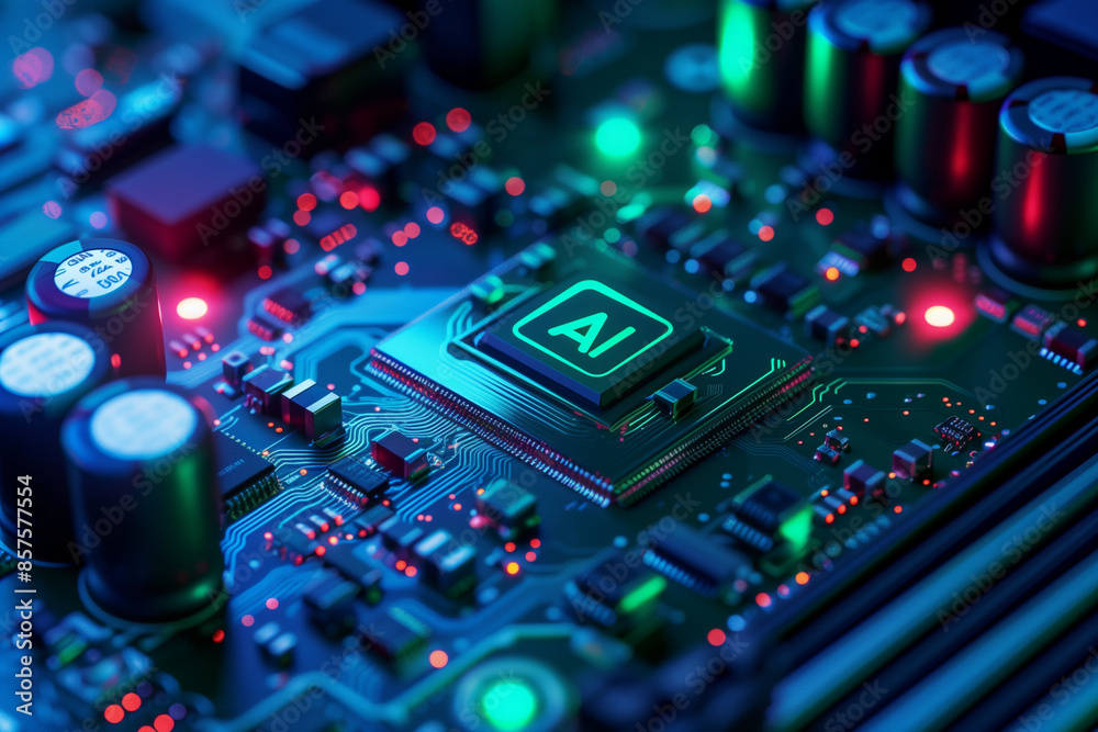 Artificial Intelligence Computer Chip Semiconductor, Blue AI Machine Learning Hardware Concept