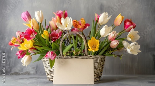 Arrangement of spring blooms in basket with card against gray backdrop