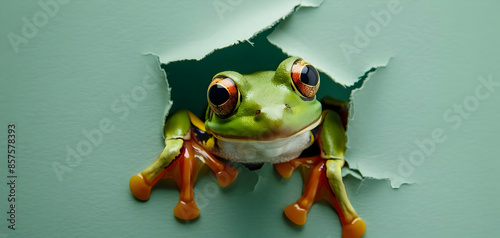 A frog looking through a torn hole photo