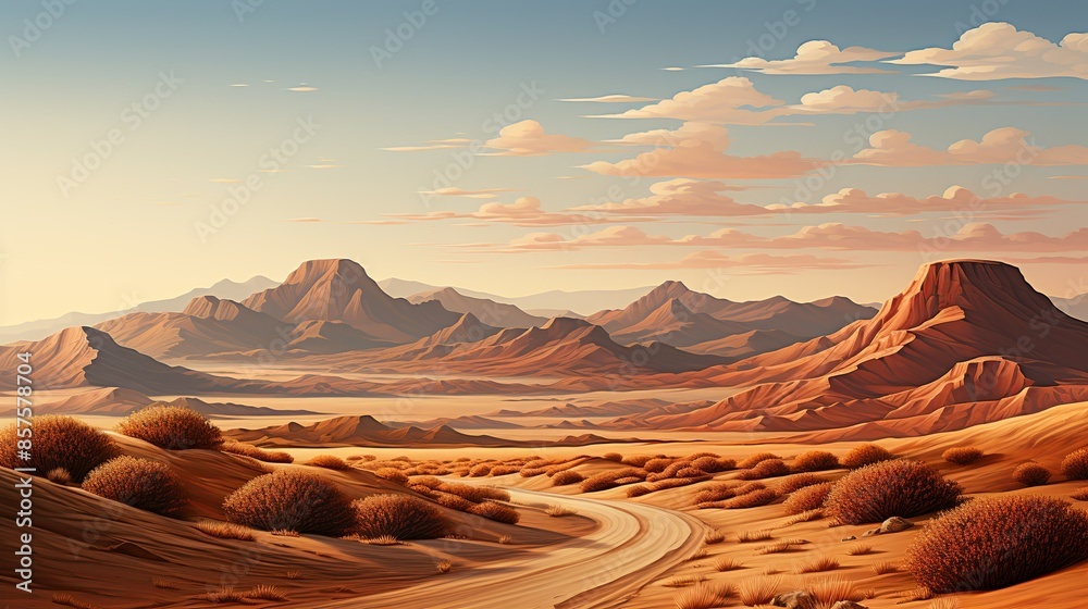Fototapeta premium A serene paper landscape of a desert road, with paper cacti, paper dunes, and a paper sunset casting long shadows, capturing the vastness and beauty of the desert. Illustration, Minimalism,