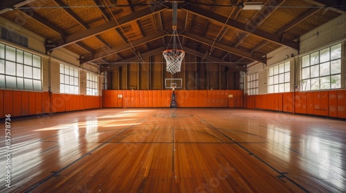 Empty Indoor Basketball Court with Wooden Flooring, Generative AI © studio clever