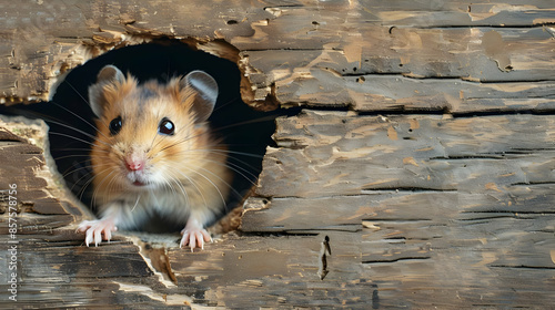 A hamster looking through a small torn hole photo