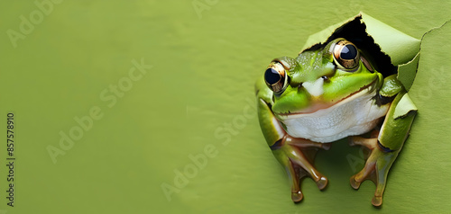 A frog looking through a torn hole photo