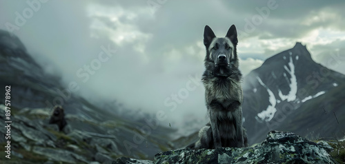 A Norwegian Elkhound in a mountainous area photo