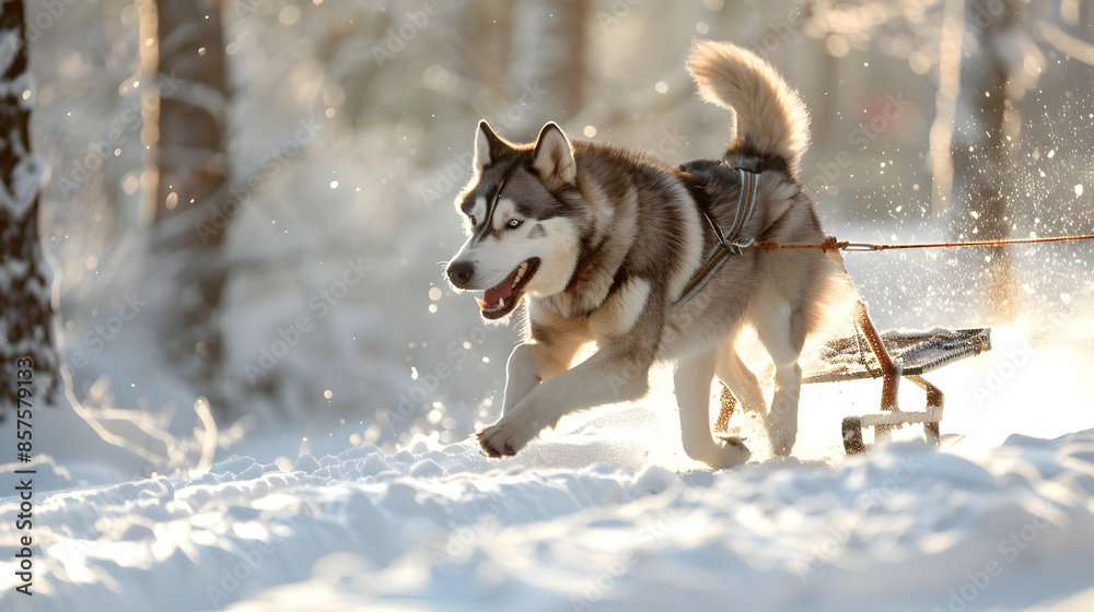 Naklejka premium A Alaskan Malamute pulling a sled