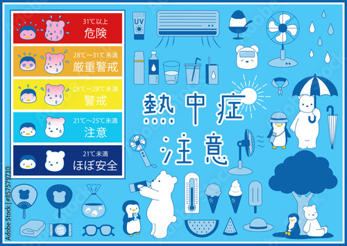 set of Heat stroke prevention with white Polar bear and penguin