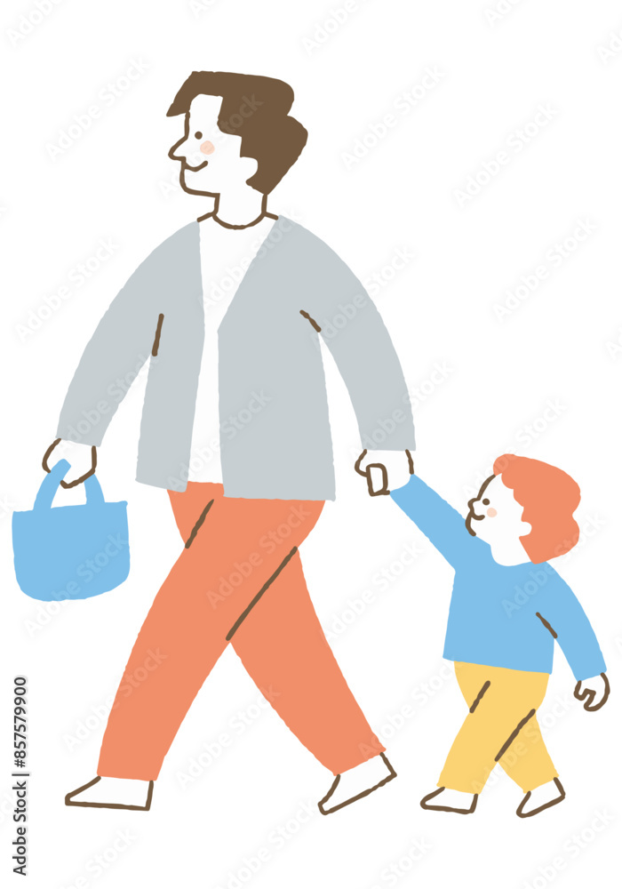 Boy walking hand in hand with father_Color Boy walking hand in hand with father_Color