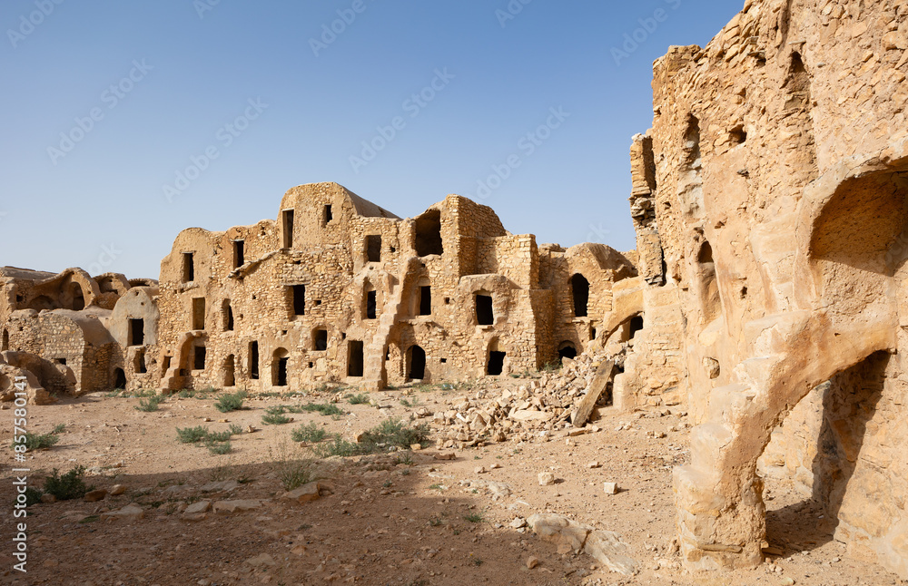 Ancient stone ruins in town of Tatouine. Ksar Mgabla closest Ksar to Tataouine, Southern Tunisia, Africa